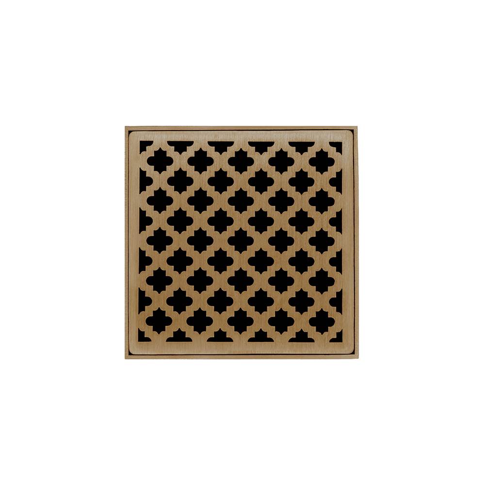 Infinity Drain 4'' x 4'' MD 4 Complete Kit with Moor Pattern Decorative Plate in Satin Bronze with PVC Drain Body, 2'' Outlet