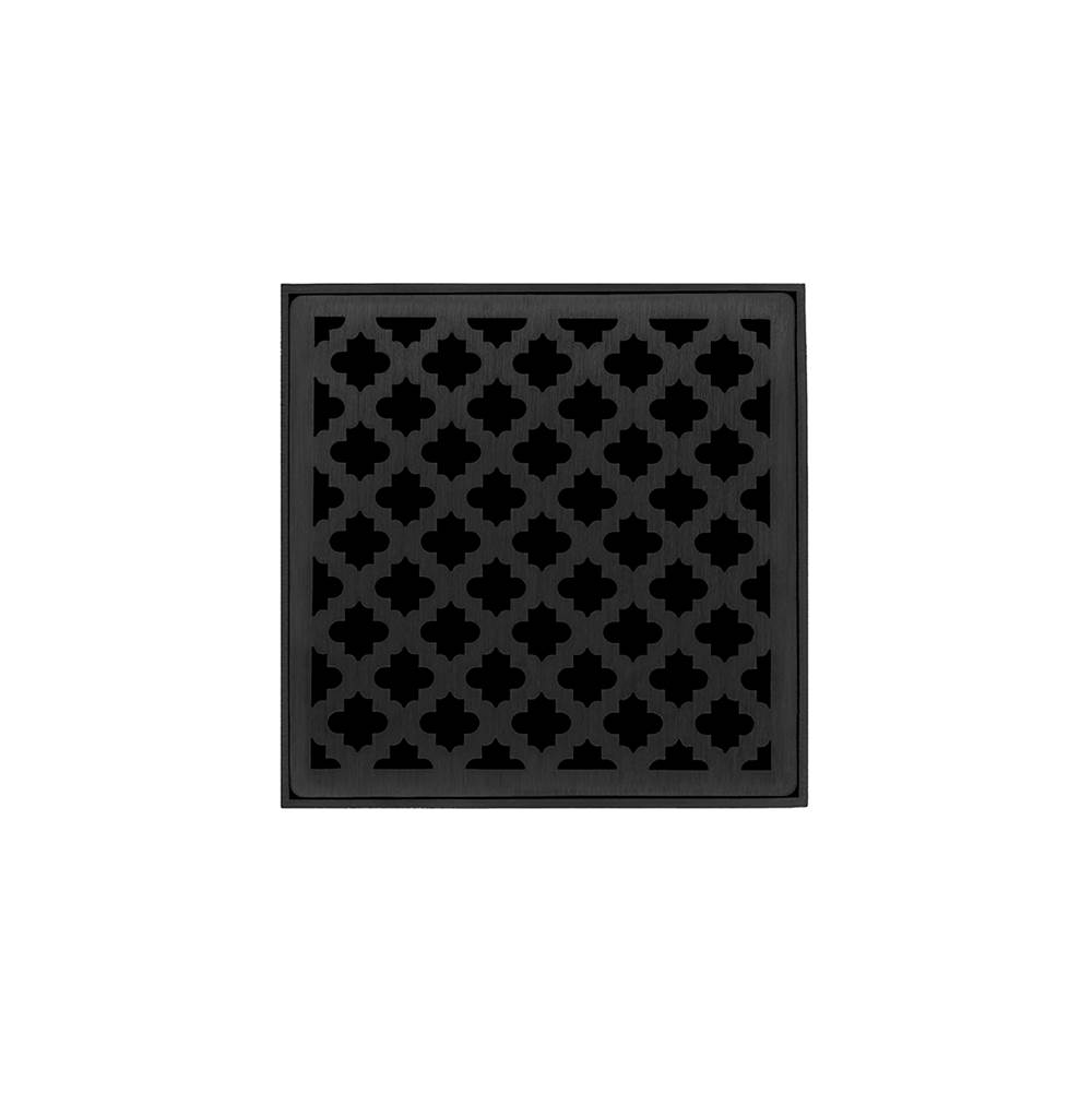 Infinity Drain 5'' x 5'' MD 5 Complete Kit with Moor Pattern Decorative Plate in Matte Black with Cast Iron Drain Body, 2'' Outlet