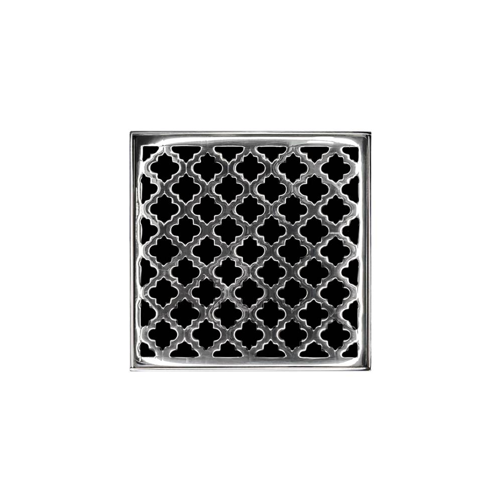 Infinity Drain 5'' x 5'' MD 5 High Flow Complete Kit with Moor Pattern Decorative Plate in Polished Stainless with Cast Iron Drain Body, 3'' No-Hub Outlet