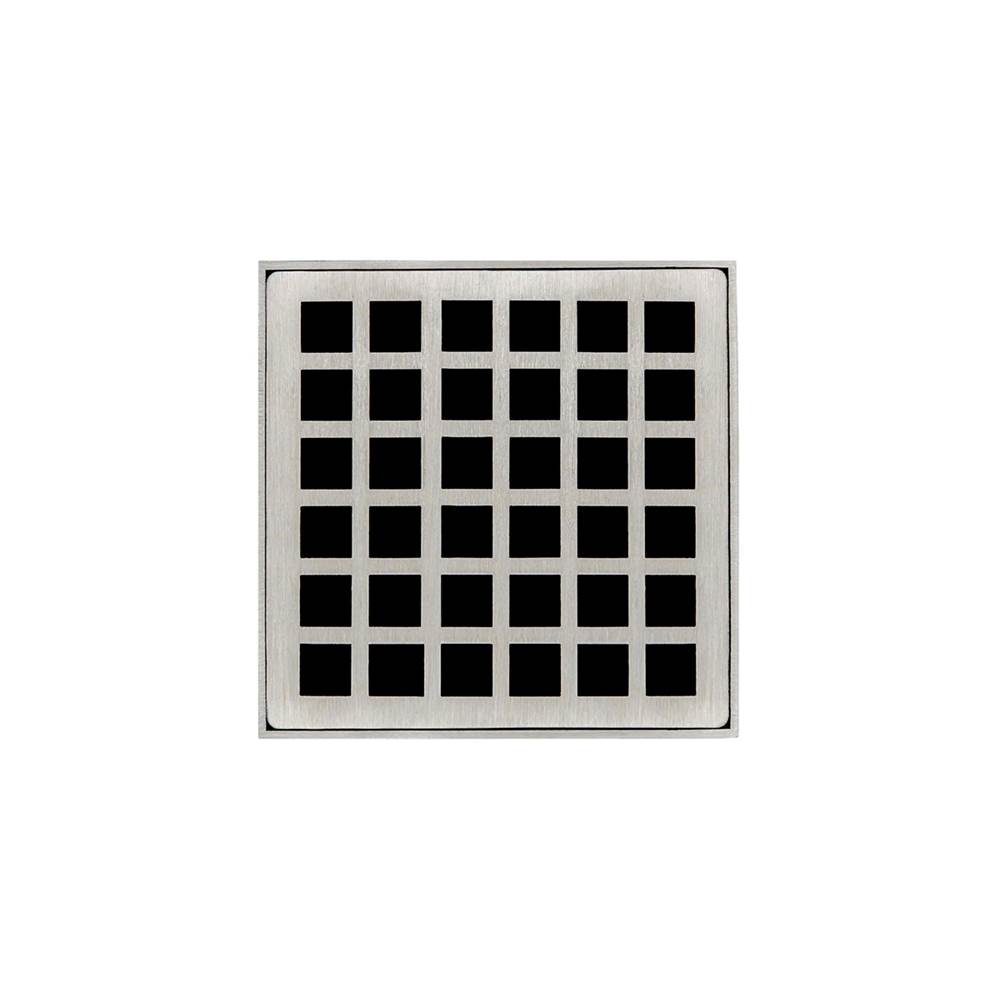 Infinity Drain 4'' x 4'' QD 4 Complete Kit with Squares Pattern Decorative Plate in Satin Stainless with PVC Drain Body, 2'' Outlet