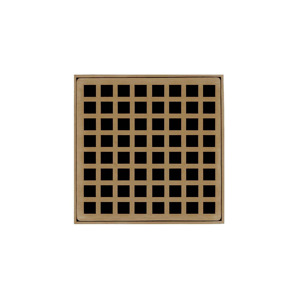 Infinity Drain 5'' x 5'' QD 5 Complete Kit with Squares Pattern Decorative Plate in Satin Bronze with Cast Iron Drain Body for Hot Mop, 2'' Outlet