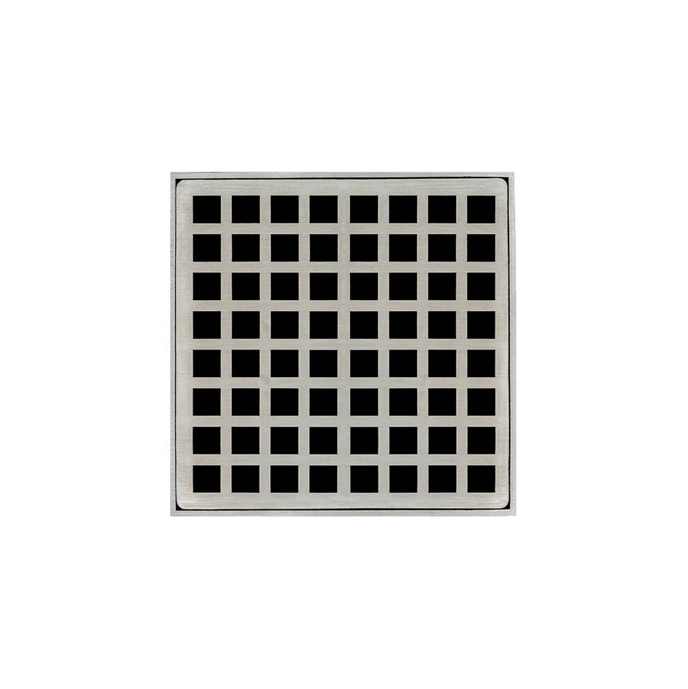 Infinity Drain 5'' x 5'' QD 5 Complete Kit with Squares Pattern Decorative Plate in Satin Stainless with Cast Iron Drain Body, 2'' Outlet