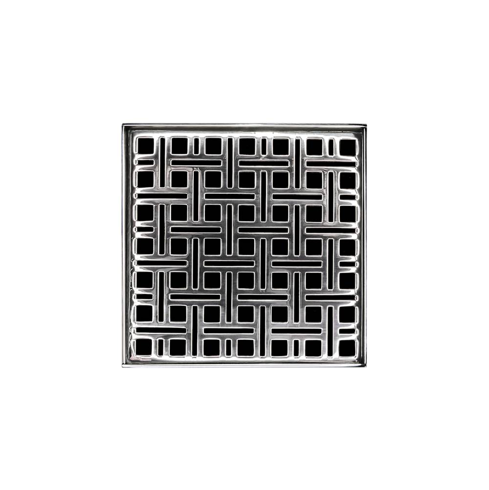 Infinity Drain 5'' x 5'' VD 5 High Flow Complete Kit with Weave Pattern Decorative Plate in Polished Stainless with Cast Iron Drain Body, 3'' No-Hub Outlet