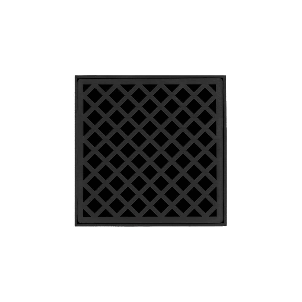 Infinity Drain 5'' x 5'' XD 5 Complete Kit with Criss-Cross Pattern Decorative Plate in Matte Black with Cast Iron Drain Body, 2'' Outlet
